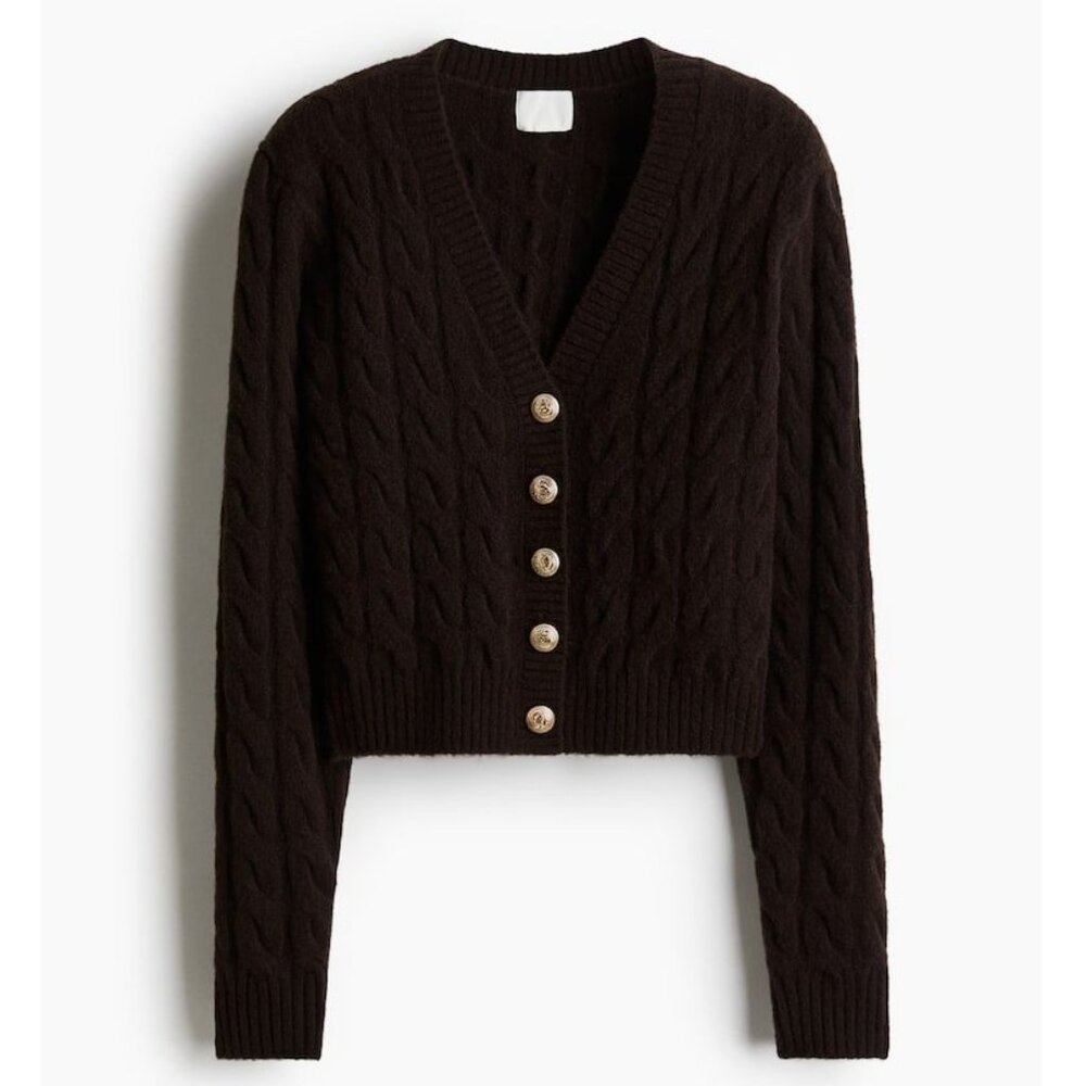 H&M Cable Knit Cardigan S Chunky Chocolate Brown Old Money Wool Blend